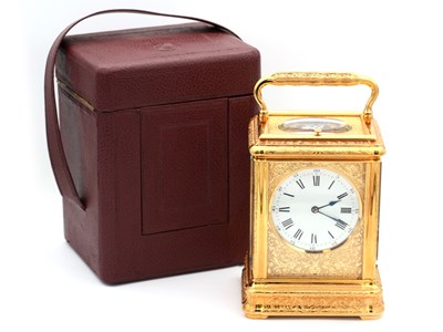 Lot 131 - DROCOURT, PARIS. A FINE GIANT GILT ENGRAVED GORGE CASED REPEATING CARRIAGE CLOCK