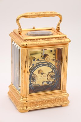 Lot 131 - DROCOURT, PARIS. A FINE GIANT GILT ENGRAVED GORGE CASED REPEATING CARRIAGE CLOCK