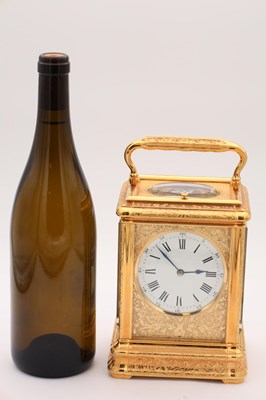 Lot 131 - DROCOURT, PARIS. A FINE GIANT GILT ENGRAVED GORGE CASED REPEATING CARRIAGE CLOCK