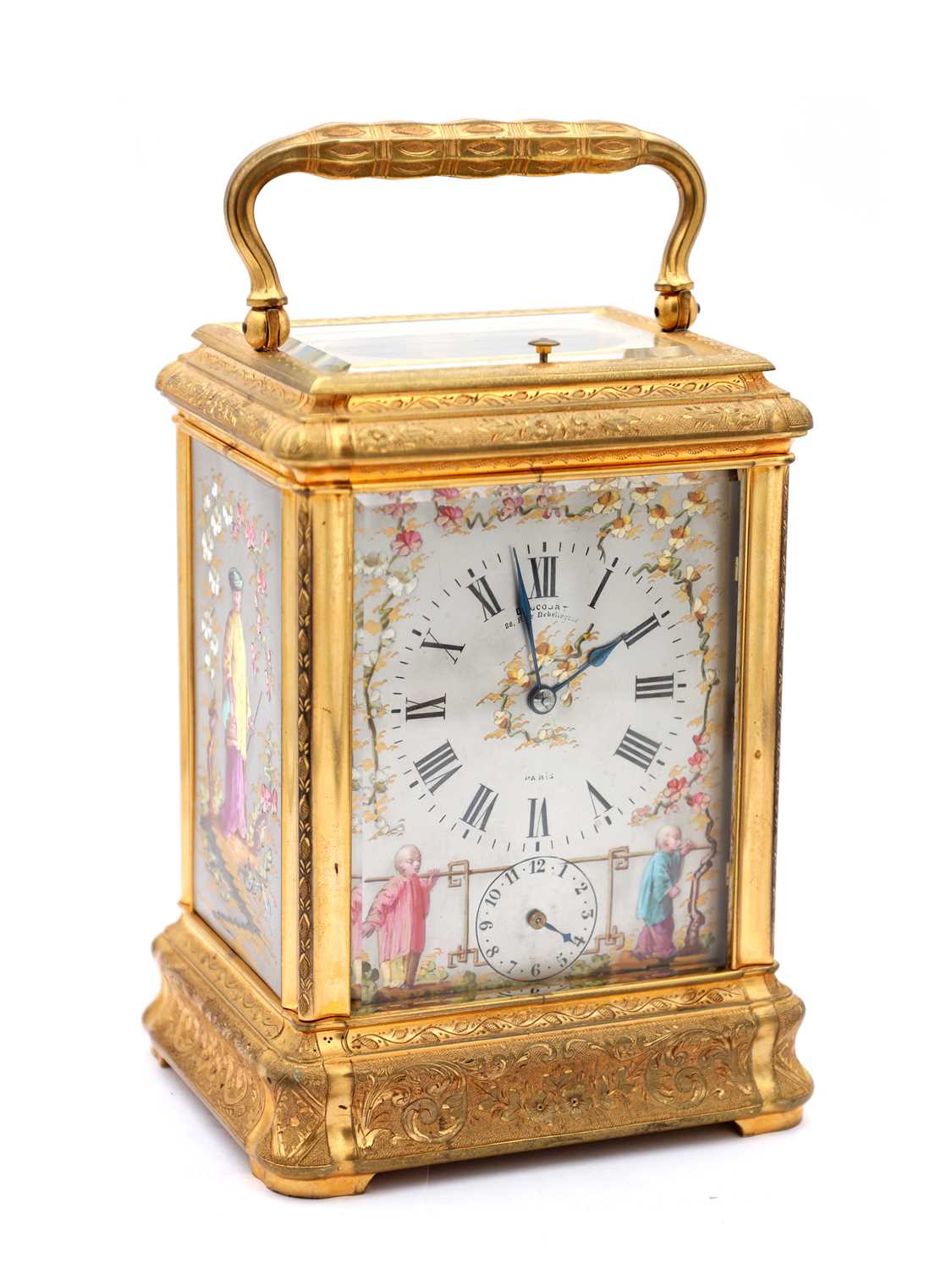 Lot 38 Drocourt Paris repeating carriage clock with porcelain panels