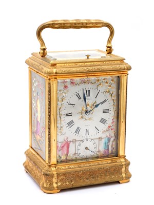 Lot 38 - DROCOURT, PARIS. A RARE LATE 19TH CENTURY GIANT GILT ENGRAVED GORGE CASED REPEATING CARRIAGE CLOCK WITH PORCELAIN PANELS