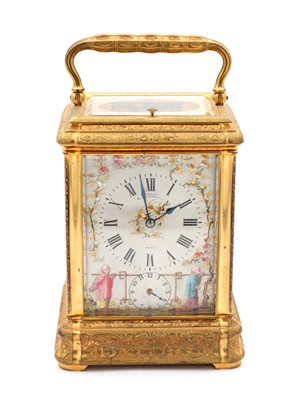 Lot 38 - DROCOURT, PARIS. A RARE LATE 19TH CENTURY GIANT GILT ENGRAVED GORGE CASED REPEATING CARRIAGE CLOCK WITH PORCELAIN PANELS