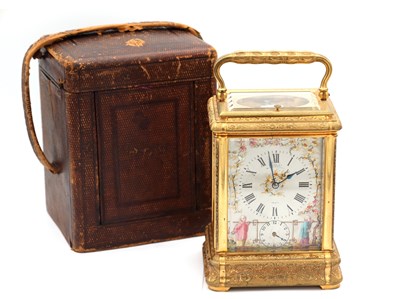 Lot 38 - DROCOURT, PARIS. A RARE LATE 19TH CENTURY GIANT GILT ENGRAVED GORGE CASED REPEATING CARRIAGE CLOCK WITH PORCELAIN PANELS
