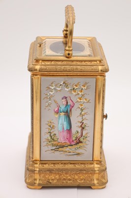 Lot 38 - DROCOURT, PARIS. A RARE LATE 19TH CENTURY GIANT GILT ENGRAVED GORGE CASED REPEATING CARRIAGE CLOCK WITH PORCELAIN PANELS