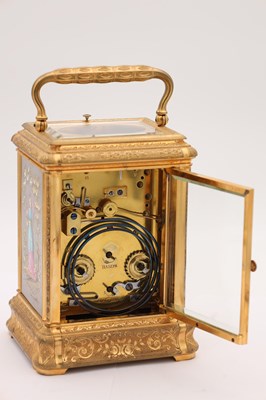 Lot 38 - DROCOURT, PARIS. A RARE LATE 19TH CENTURY GIANT GILT ENGRAVED GORGE CASED REPEATING CARRIAGE CLOCK WITH PORCELAIN PANELS