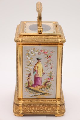 Lot 38 - DROCOURT, PARIS. A RARE LATE 19TH CENTURY GIANT GILT ENGRAVED GORGE CASED REPEATING CARRIAGE CLOCK WITH PORCELAIN PANELS