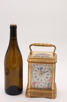 Lot 38 - DROCOURT, PARIS. A RARE LATE 19TH CENTURY GIANT GILT ENGRAVED GORGE CASED REPEATING CARRIAGE CLOCK WITH PORCELAIN PANELS