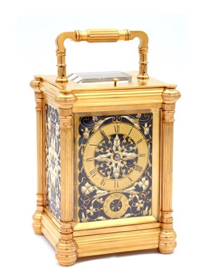 Lot 142 - DROCOURT, PARIS. A LATE 19TH CENTURY FRENCH GILT BRASS AND CHAMPLEVE ENAMEL REPEATING CARRIAGE CLOCK