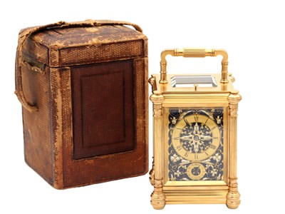Lot 142 - DROCOURT, PARIS. A LATE 19TH CENTURY FRENCH GILT BRASS AND CHAMPLEVE ENAMEL REPEATING CARRIAGE CLOCK