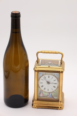 Lot 157 - ARSENE MARGAINE, PARIS. A LATE 19TH CENTURY FRENCH GILT GORGE CASE REPEATING CARRIAGE CLOCK WITH SEVRES PORCELAIN PANELS