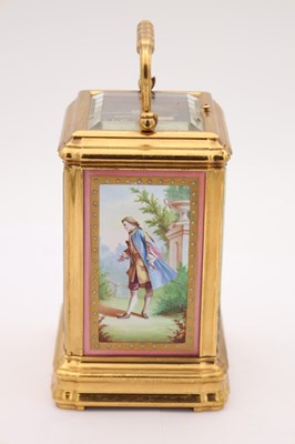 Lot 157 - ARSENE MARGAINE, PARIS. A LATE 19TH CENTURY FRENCH GILT GORGE CASE REPEATING CARRIAGE CLOCK WITH SEVRES PORCELAIN PANELS