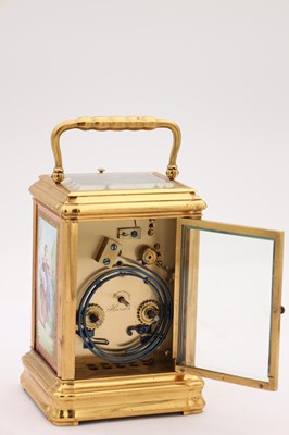 Lot 157 - ARSENE MARGAINE, PARIS. A LATE 19TH CENTURY FRENCH GILT GORGE CASE REPEATING CARRIAGE CLOCK WITH SEVRES PORCELAIN PANELS