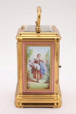 Lot 157 - ARSENE MARGAINE, PARIS. A LATE 19TH CENTURY FRENCH GILT GORGE CASE REPEATING CARRIAGE CLOCK WITH SEVRES PORCELAIN PANELS