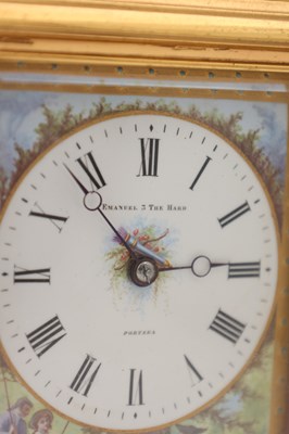 Lot 157 - ARSENE MARGAINE, PARIS. A LATE 19TH CENTURY FRENCH GILT GORGE CASE REPEATING CARRIAGE CLOCK WITH SEVRES PORCELAIN PANELS