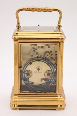 Lot 157 - ARSENE MARGAINE, PARIS. A LATE 19TH CENTURY FRENCH GILT GORGE CASE REPEATING CARRIAGE CLOCK WITH SEVRES PORCELAIN PANELS