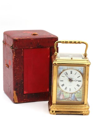 Lot 157 - ARSENE MARGAINE, PARIS. A LATE 19TH CENTURY FRENCH GILT GORGE CASE REPEATING CARRIAGE CLOCK WITH SEVRES PORCELAIN PANELS
