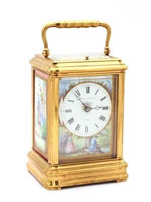 Lot 157 - ARSENE MARGAINE, PARIS. A LATE 19TH CENTURY FRENCH GILT GORGE CASE REPEATING CARRIAGE CLOCK WITH SEVRES PORCELAIN PANELS