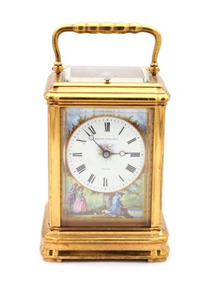 Lot 157 - ARSENE MARGAINE, PARIS. A LATE 19TH CENTURY FRENCH GILT GORGE CASE REPEATING CARRIAGE CLOCK WITH SEVRES PORCELAIN PANELS