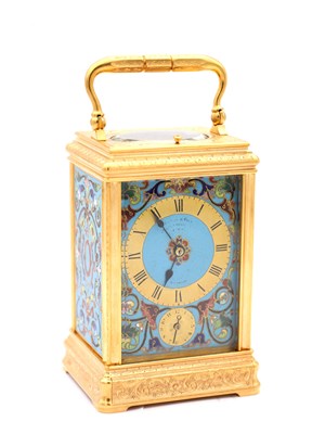 Lot 15 - DROCOURT, PARIS. A LATE 19TH CENTURY GILT ENGRAVED CHAMPLEVE ENAMEL REPEATING CARRIAGE CLOCK