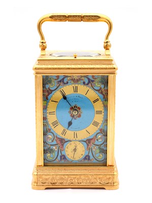 Lot 15 - DROCOURT, PARIS. A LATE 19TH CENTURY GILT ENGRAVED CHAMPLEVE ENAMEL REPEATING CARRIAGE CLOCK
