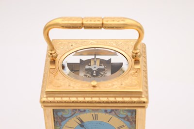 Lot 15 - DROCOURT, PARIS. A LATE 19TH CENTURY GILT ENGRAVED CHAMPLEVE ENAMEL REPEATING CARRIAGE CLOCK