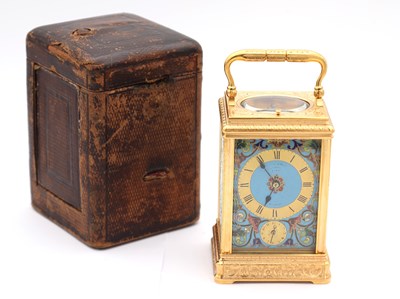 Lot 15 - DROCOURT, PARIS. A LATE 19TH CENTURY GILT ENGRAVED CHAMPLEVE ENAMEL REPEATING CARRIAGE CLOCK