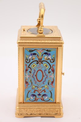 Lot 15 - DROCOURT, PARIS. A LATE 19TH CENTURY GILT ENGRAVED CHAMPLEVE ENAMEL REPEATING CARRIAGE CLOCK