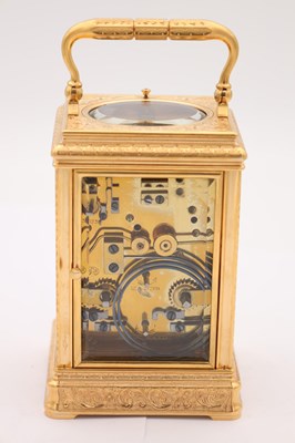 Lot 15 - DROCOURT, PARIS. A LATE 19TH CENTURY GILT ENGRAVED CHAMPLEVE ENAMEL REPEATING CARRIAGE CLOCK