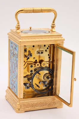 Lot 15 - DROCOURT, PARIS. A LATE 19TH CENTURY GILT ENGRAVED CHAMPLEVE ENAMEL REPEATING CARRIAGE CLOCK
