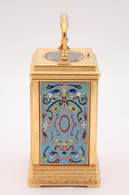 Lot 15 - DROCOURT, PARIS. A LATE 19TH CENTURY GILT ENGRAVED CHAMPLEVE ENAMEL REPEATING CARRIAGE CLOCK