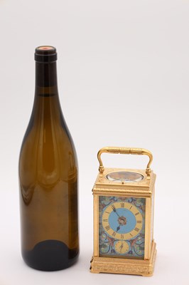 Lot 15 - DROCOURT, PARIS. A LATE 19TH CENTURY GILT ENGRAVED CHAMPLEVE ENAMEL REPEATING CARRIAGE CLOCK