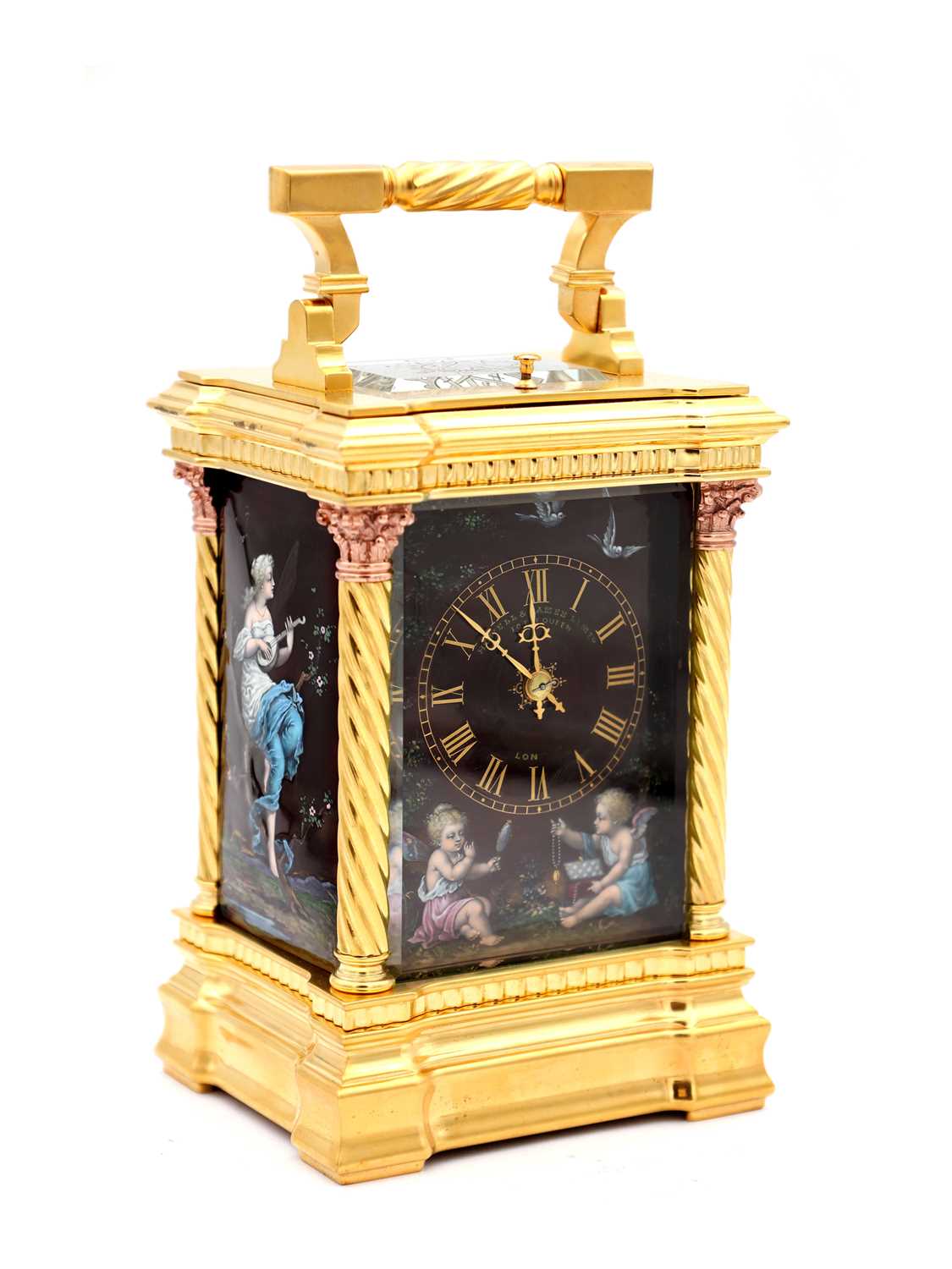 Lot 108 - A RARE LATE 19TH CENTURY GILT CASED REPEATING CARRIAGE CLOCK WITH LIMOGES ENAMEL PANELS