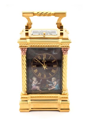 Lot 108 - A RARE LATE 19TH CENTURY GILT CASED REPEATING CARRIAGE CLOCK WITH LIMOGES ENAMEL PANELS