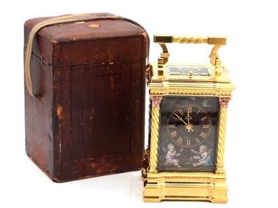 Lot 108 - A RARE LATE 19TH CENTURY GILT CASED REPEATING CARRIAGE CLOCK WITH LIMOGES ENAMEL PANELS