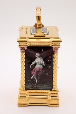 Lot 108 - A RARE LATE 19TH CENTURY GILT CASED REPEATING CARRIAGE CLOCK WITH LIMOGES ENAMEL PANELS