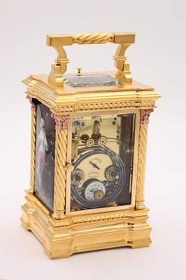Lot 108 - A RARE LATE 19TH CENTURY GILT CASED REPEATING CARRIAGE CLOCK WITH LIMOGES ENAMEL PANELS
