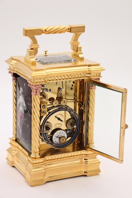 Lot 108 - A RARE LATE 19TH CENTURY GILT CASED REPEATING CARRIAGE CLOCK WITH LIMOGES ENAMEL PANELS