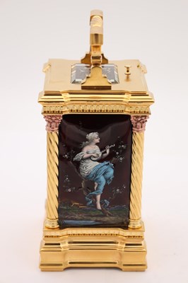 Lot 108 - A RARE LATE 19TH CENTURY GILT CASED REPEATING CARRIAGE CLOCK WITH LIMOGES ENAMEL PANELS