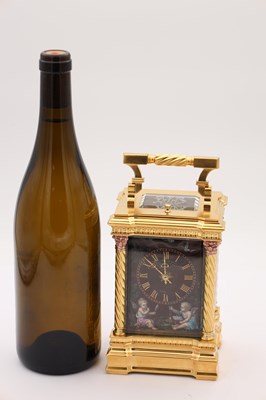 Lot 108 - A RARE LATE 19TH CENTURY GILT CASED REPEATING CARRIAGE CLOCK WITH LIMOGES ENAMEL PANELS