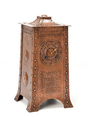 Lot 103 - A LATE 19TH CENTURY ARTS AND CRAFTS PLANISHED COPPER MANTEL CLOCK