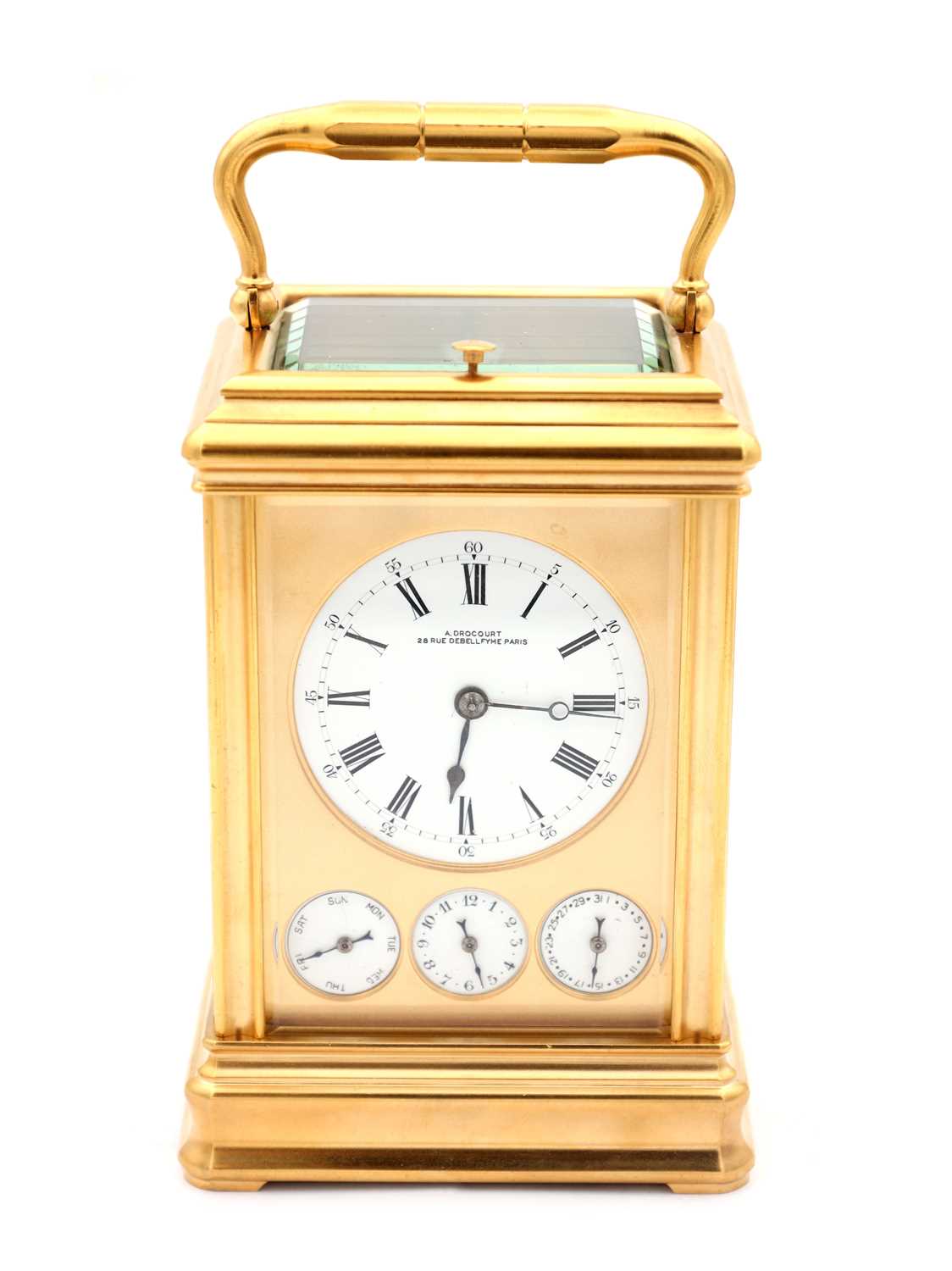 Lot 205 - DROCOURT, PARIS. A LATE 19TH CENTURY GILT-CASED GRAND SONNERIE REPEATING CARRIAGE CLOCK WITH DAY/DATE