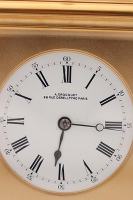 Lot 205 - DROCOURT, PARIS. A LATE 19TH CENTURY GILT-CASED GRAND SONNERIE REPEATING CARRIAGE CLOCK WITH DAY/DATE