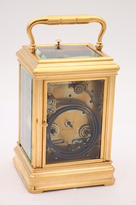 Lot 205 - DROCOURT, PARIS. A LATE 19TH CENTURY GILT-CASED GRAND SONNERIE REPEATING CARRIAGE CLOCK WITH DAY/DATE