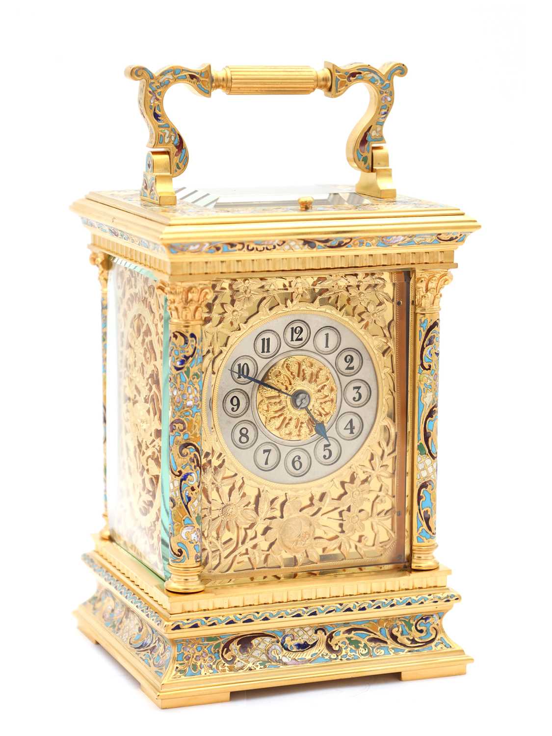 Lot 91 - E. MAURICE & CO, PARIS. A FINE QUALITY LATE 19TH CENTURY FRENCH CHAMPLEVE ENAMEL AND FILIGREE PANELLED REPEATING CARRIAGE CLOCK