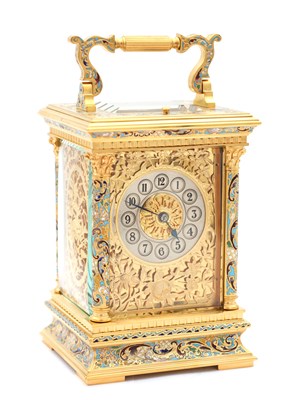 Lot 91 - E. MAURICE & CO, PARIS. A FINE QUALITY LATE 19TH CENTURY FRENCH CHAMPLEVE ENAMEL AND FILIGREE PANELLED REPEATING CARRIAGE CLOCK
