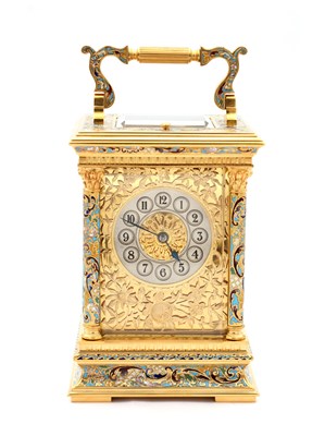 Lot 91 - E. MAURICE & CO, PARIS. A FINE QUALITY LATE 19TH CENTURY FRENCH CHAMPLEVE ENAMEL AND FILIGREE PANELLED REPEATING CARRIAGE CLOCK