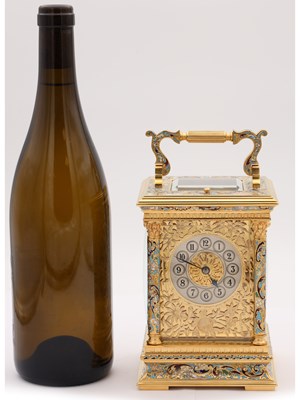 Lot 91 - E. MAURICE & CO, PARIS. A FINE QUALITY LATE 19TH CENTURY FRENCH CHAMPLEVE ENAMEL AND FILIGREE PANELLED REPEATING CARRIAGE CLOCK