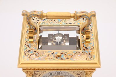 Lot 91 - E. MAURICE & CO, PARIS. A FINE QUALITY LATE 19TH CENTURY FRENCH CHAMPLEVE ENAMEL AND FILIGREE PANELLED REPEATING CARRIAGE CLOCK