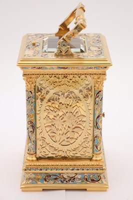 Lot 91 - E. MAURICE & CO, PARIS. A FINE QUALITY LATE 19TH CENTURY FRENCH CHAMPLEVE ENAMEL AND FILIGREE PANELLED REPEATING CARRIAGE CLOCK