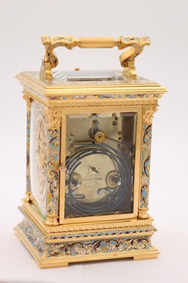 Lot 91 - E. MAURICE & CO, PARIS. A FINE QUALITY LATE 19TH CENTURY FRENCH CHAMPLEVE ENAMEL AND FILIGREE PANELLED REPEATING CARRIAGE CLOCK